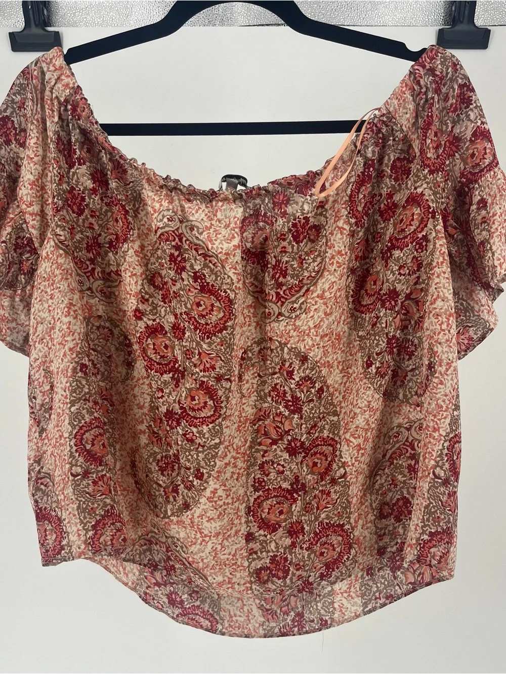 Madewell Red and Cream Paisley Off-Shoulder Blouse